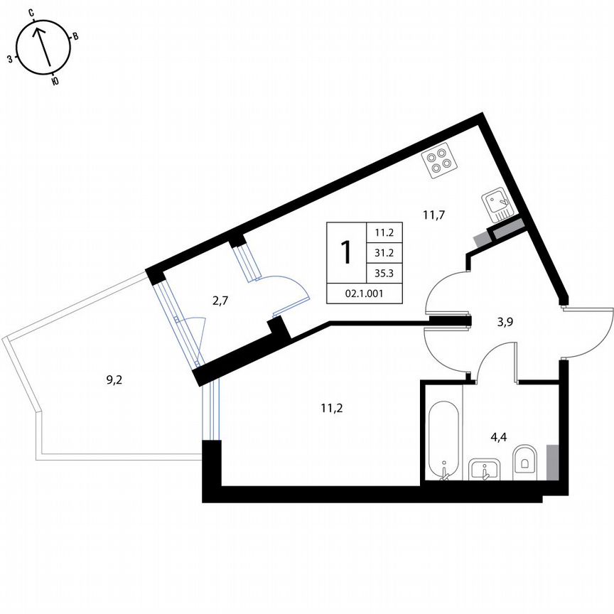 1-к. квартира, 35,3 м², 1/3 эт.