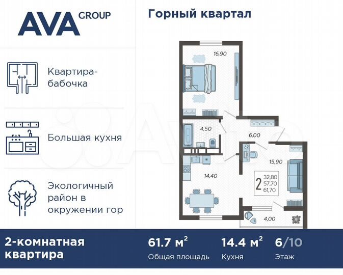 2-к. квартира, 61,7 м², 6/10 эт.