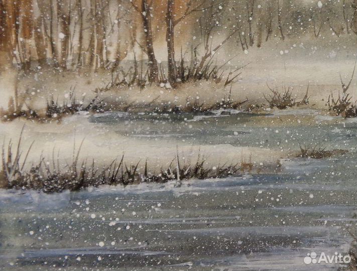 Картина акварелью,зима,зимний пейзаж