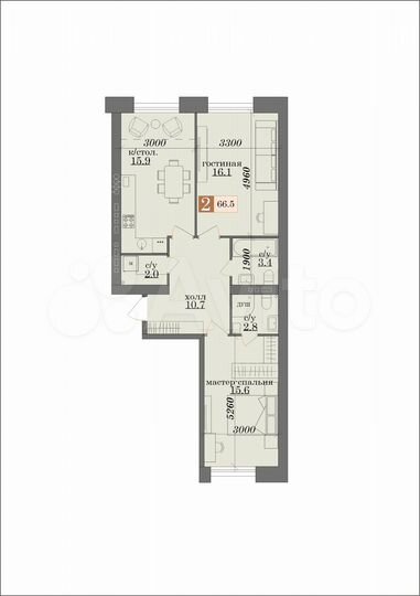 2-к. квартира, 66,6 м², 4/5 эт.
