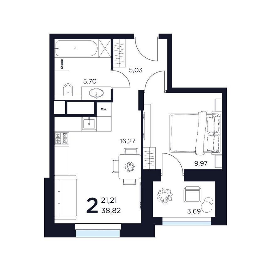 2-к. квартира, 38,8 м², 3/8 эт.