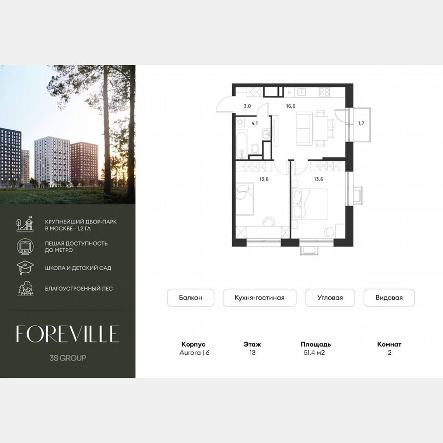 2-к. квартира, 51,4 м², 13/17 эт.