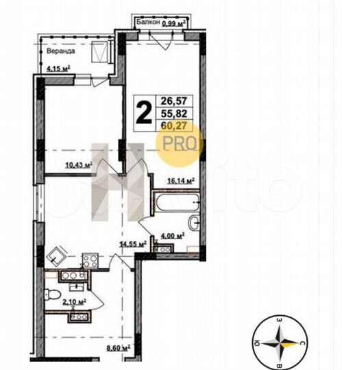 2-к. квартира, 60,3 м², 5/8 эт.
