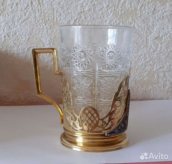 Подстаканник серебро 875 кокошник эмаль позолота