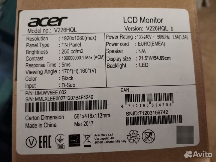 Монитор Acer V226HQL