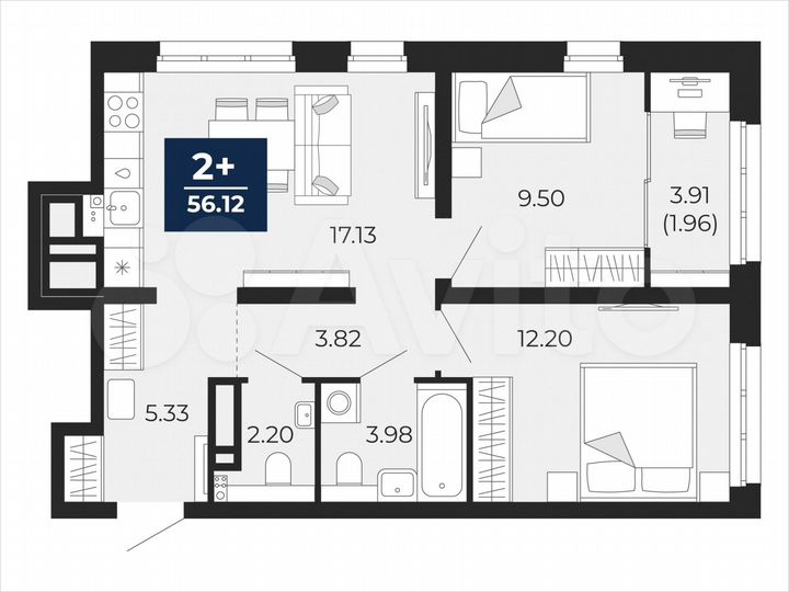 2-к. квартира, 56,1 м², 6/22 эт.