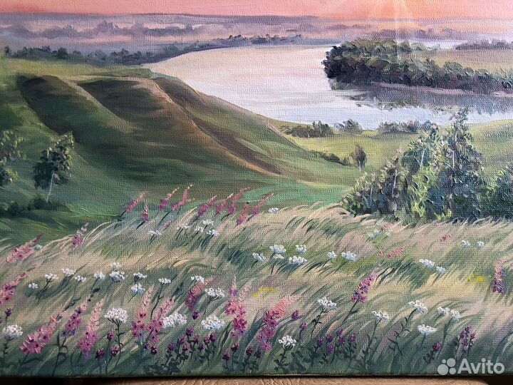 Картина маслом на заказ,пейзаж,облака,рассвет,река