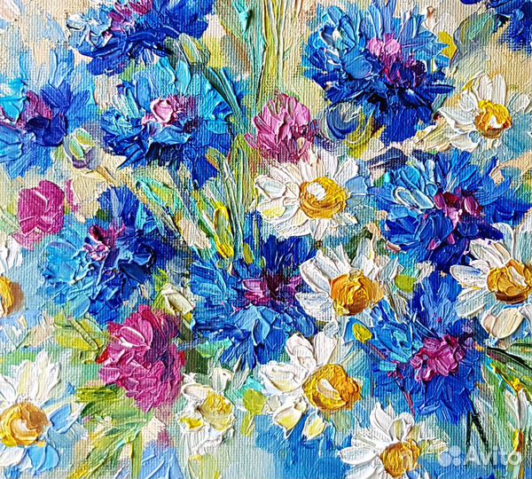 Картина ромашки васильки цветы маслом букет