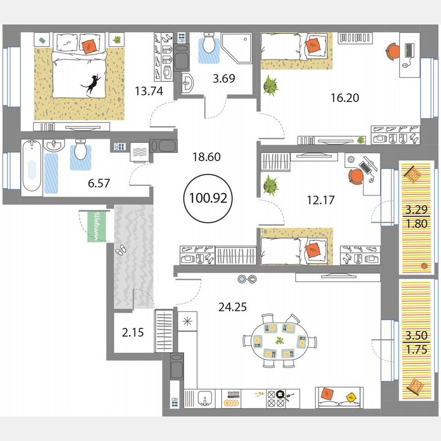 3-к. квартира, 100,9 м², 3/12 эт.