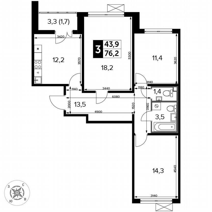 3-к. квартира, 76,2 м², 5/15 эт.