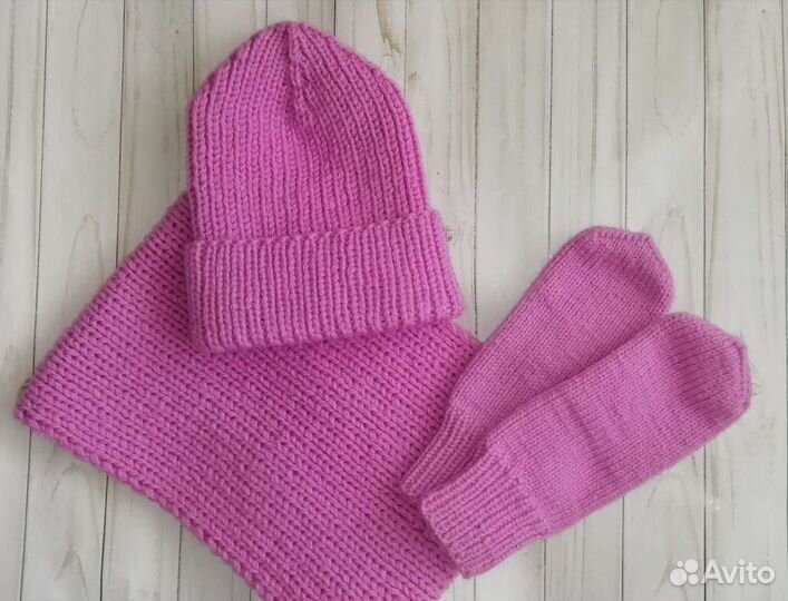 Шапка + снуд и варежки ручная вязка