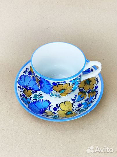 Кружка керамическая для чая с блюдцем Гжель