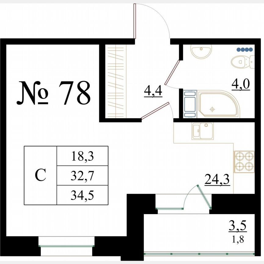 Квартира-студия, 34,5 м², 2/8 эт.