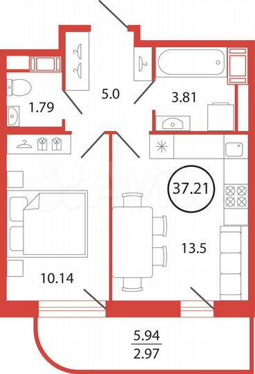 1-к. квартира, 37,2 м², 5/12 эт.