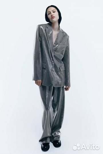 Пиджак брюки костюм с пайетками серебро под zara