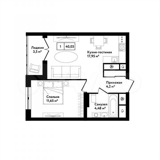 1-к. квартира, 40 м², 22/25 эт.