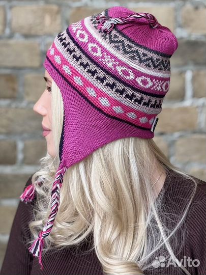 Женская шапка двусторонняя с ушками зимняя Чульо 100% альпака цвет розовый-фуксия