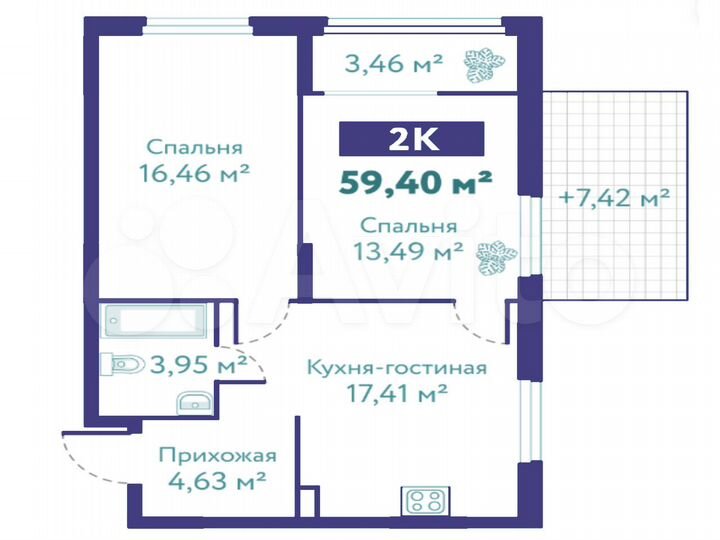 2-к. квартира, 52,4 м², 1/10 эт.