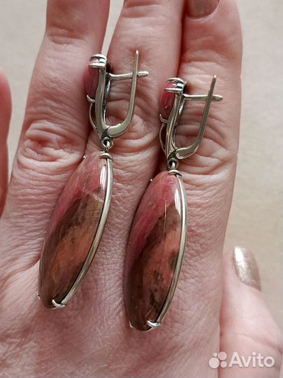 Серебряные серьги СССР с натуральным родонитом