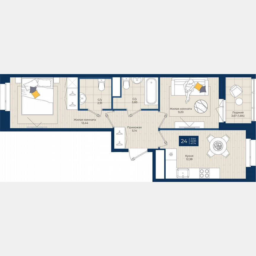 2-к. квартира, 47,7 м², 7/12 эт.