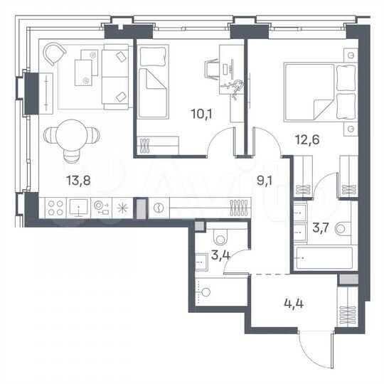 2-к. квартира, 57,1 м², 21/29 эт.