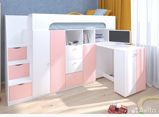 Кровать Чердак Со Столом и шкафом Белый/Шамони