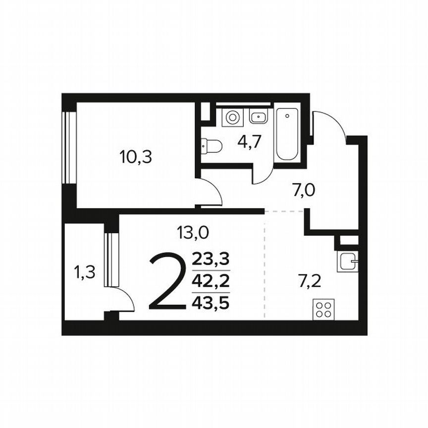 2-к. квартира, 43,5 м², 1/12 эт.