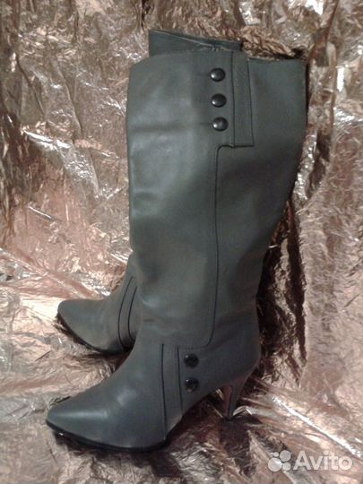 Сапоги осенние, широкие голенища, серый цвет