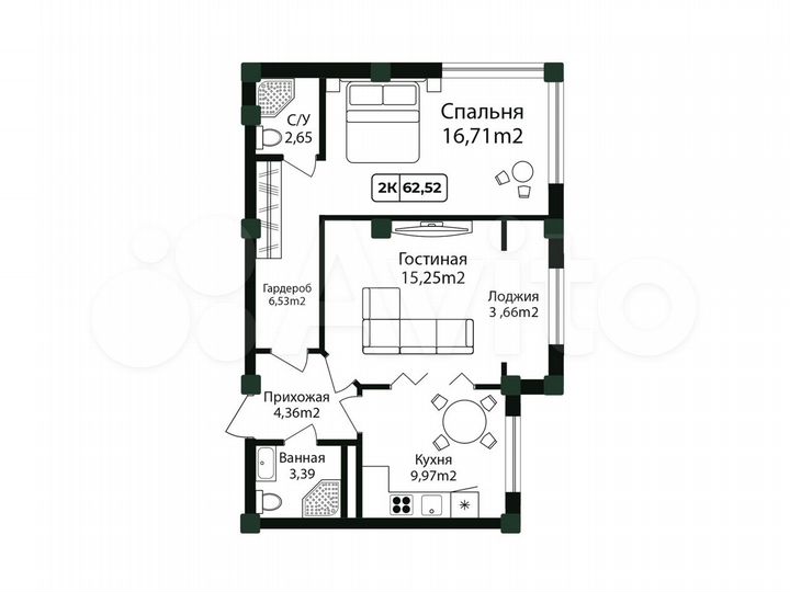 2-к. квартира, 62,5 м², 10/12 эт.