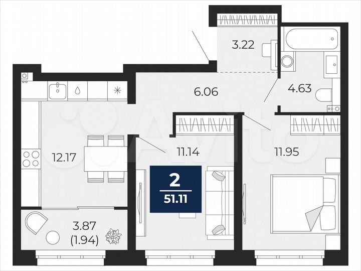 2-к. квартира, 51,1 м², 3/22 эт.