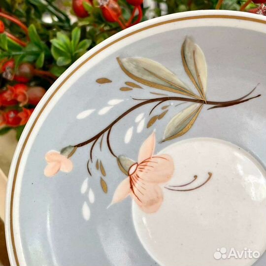 Антиквариат чайное трио Piesau серо-голубая