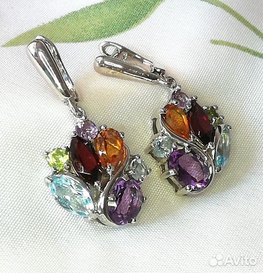 Серьги гранат, топаз, цитрин, аметист серебро С370