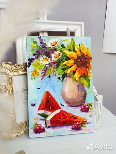 Картина Букет цветов в вазе подсолнухи ромашки