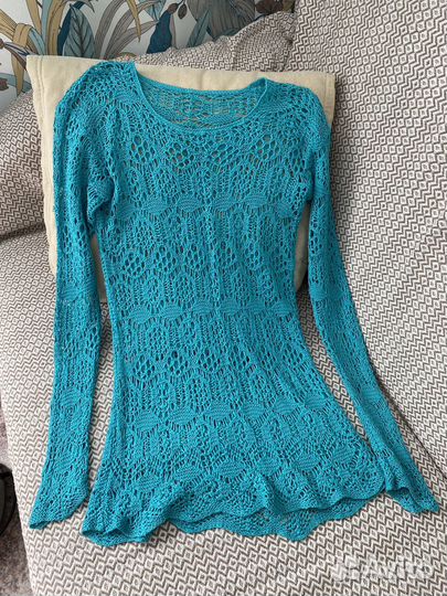 Вязаная кофточка туника бирюзовая 42 ручная работа