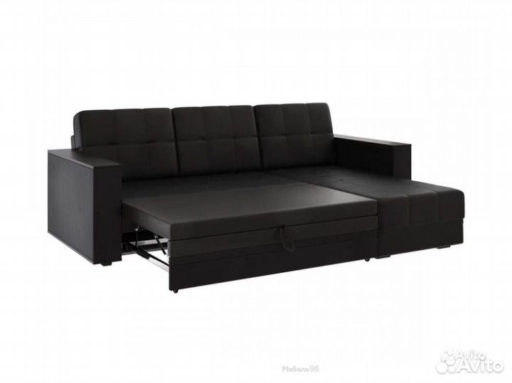 Диван угловой Атлант без столика кожзам черный