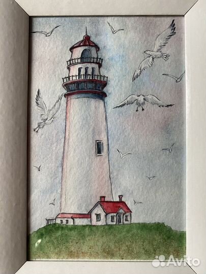 Акварельный рисунок. Маяк и чайки