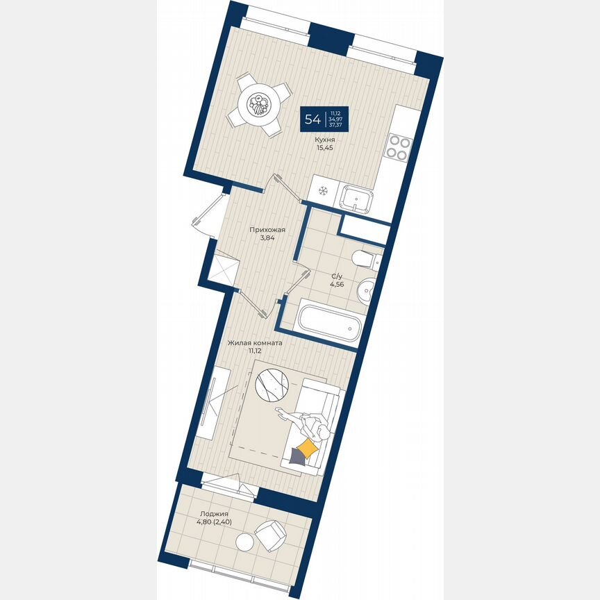 1-к. квартира, 37,4 м², 12/12 эт.