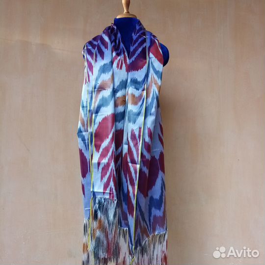 Узбекский шелковый палантин из иката. Бохо шарф