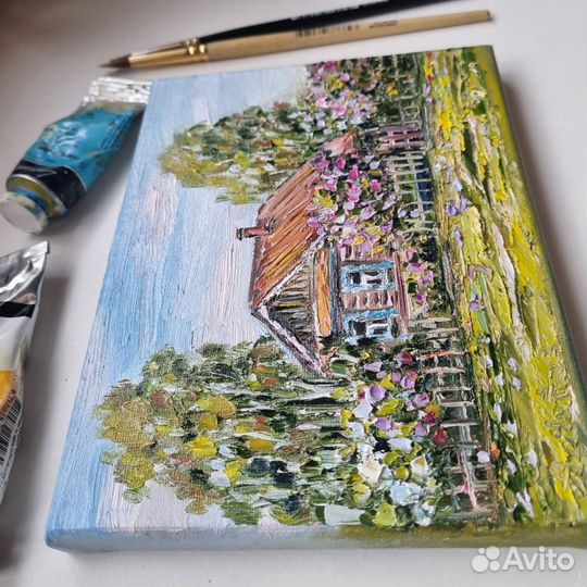 Пейзаж деревенский с домиком сирень картина масло