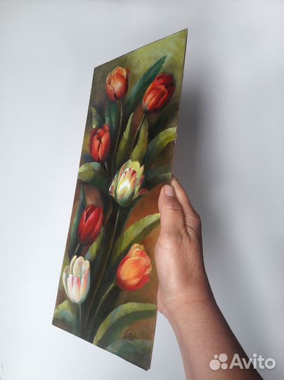 Картина с цветами маслом тюльпаны 16х36см