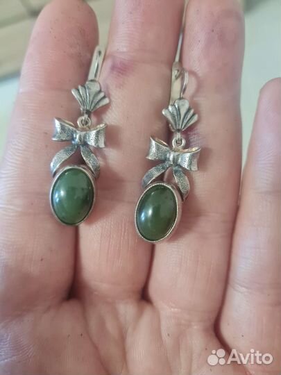 Серьги серебро СССР, нефрит
