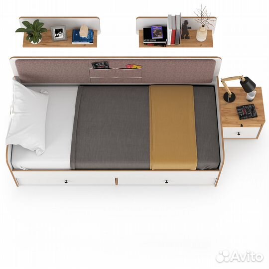 Кровать с ящиками с двумя открытыми полками Вуди и тумба, цвет белый премиум/дуб крафт золотой/саван