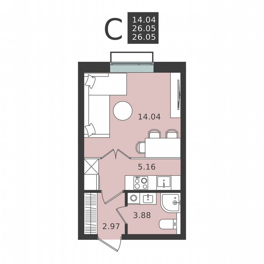 Квартира-студия, 26,1 м², 5/6 эт.