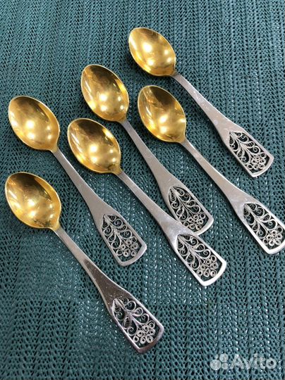 Редкий набор чайных ложек СССР скань. позолота
