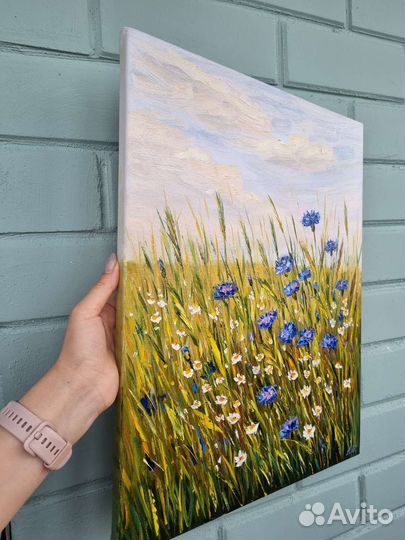 Картина маслом пейзаж полевые цветы васильки