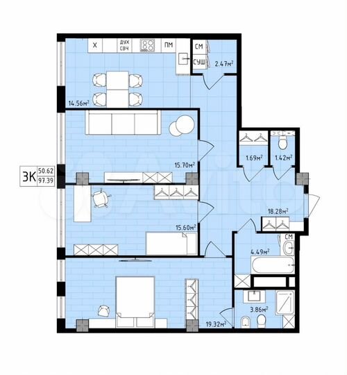 3-к. квартира, 97,4 м², 11/16 эт.