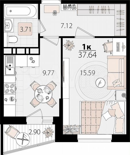 1-к. квартира, 37,6 м², 8/12 эт.