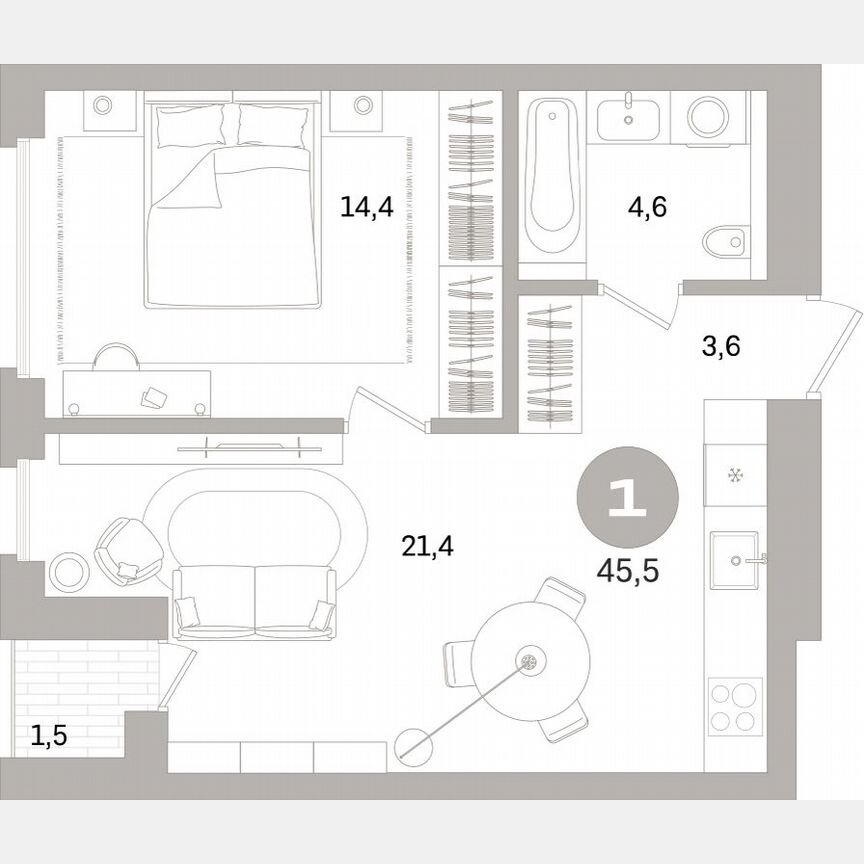 1-к. квартира, 45,1 м², 13/16 эт.
