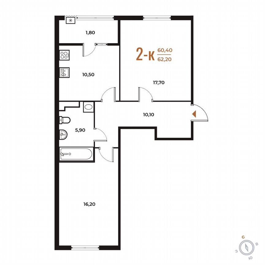2-к. квартира, 62,2 м², 5/8 эт.