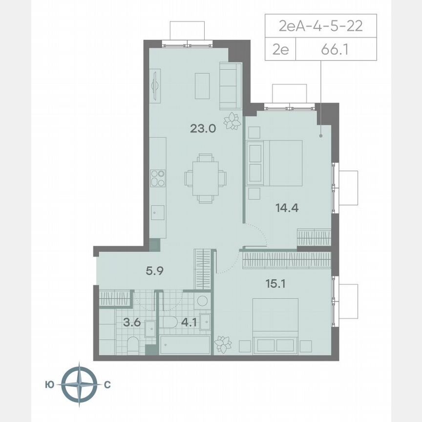 2-к. квартира, 66,1 м², 11/23 эт.